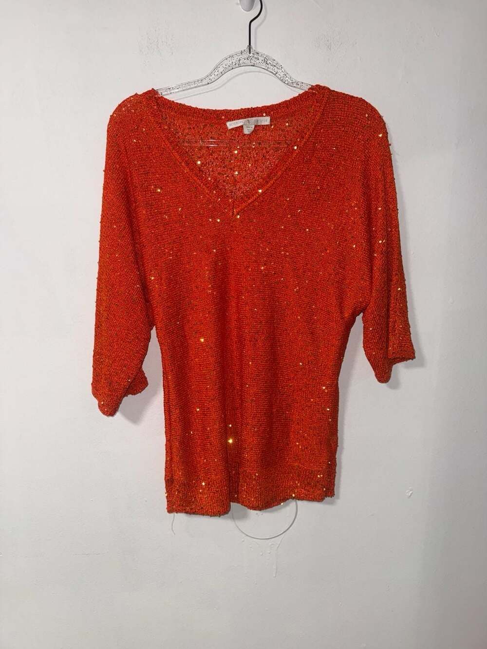 Boston Proper Orange Sequin V-Neck 3/4 Sleeve Batwing Sweater Size M